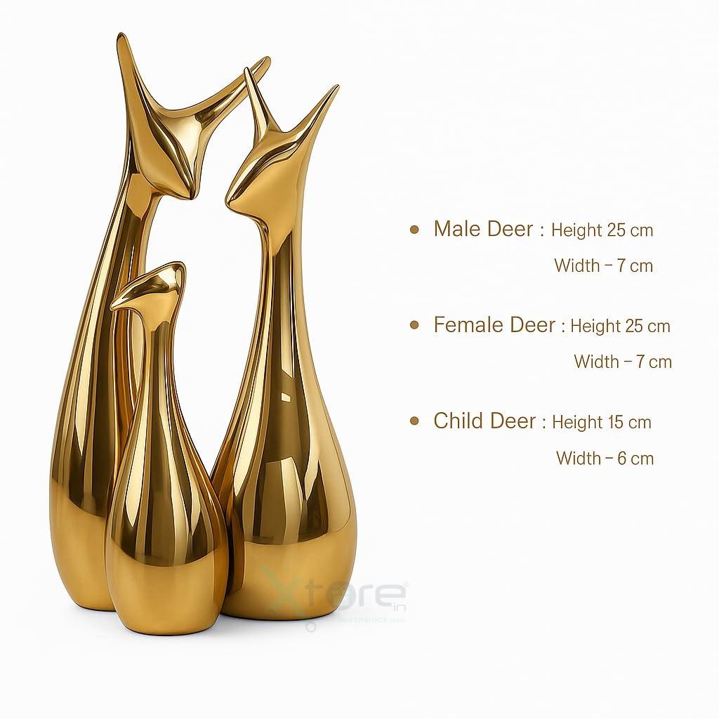 Home Decor Lucky Deer Family | Metallic Golden Finish Ceramic Figurine for Decor - (Set of 3, Golden)