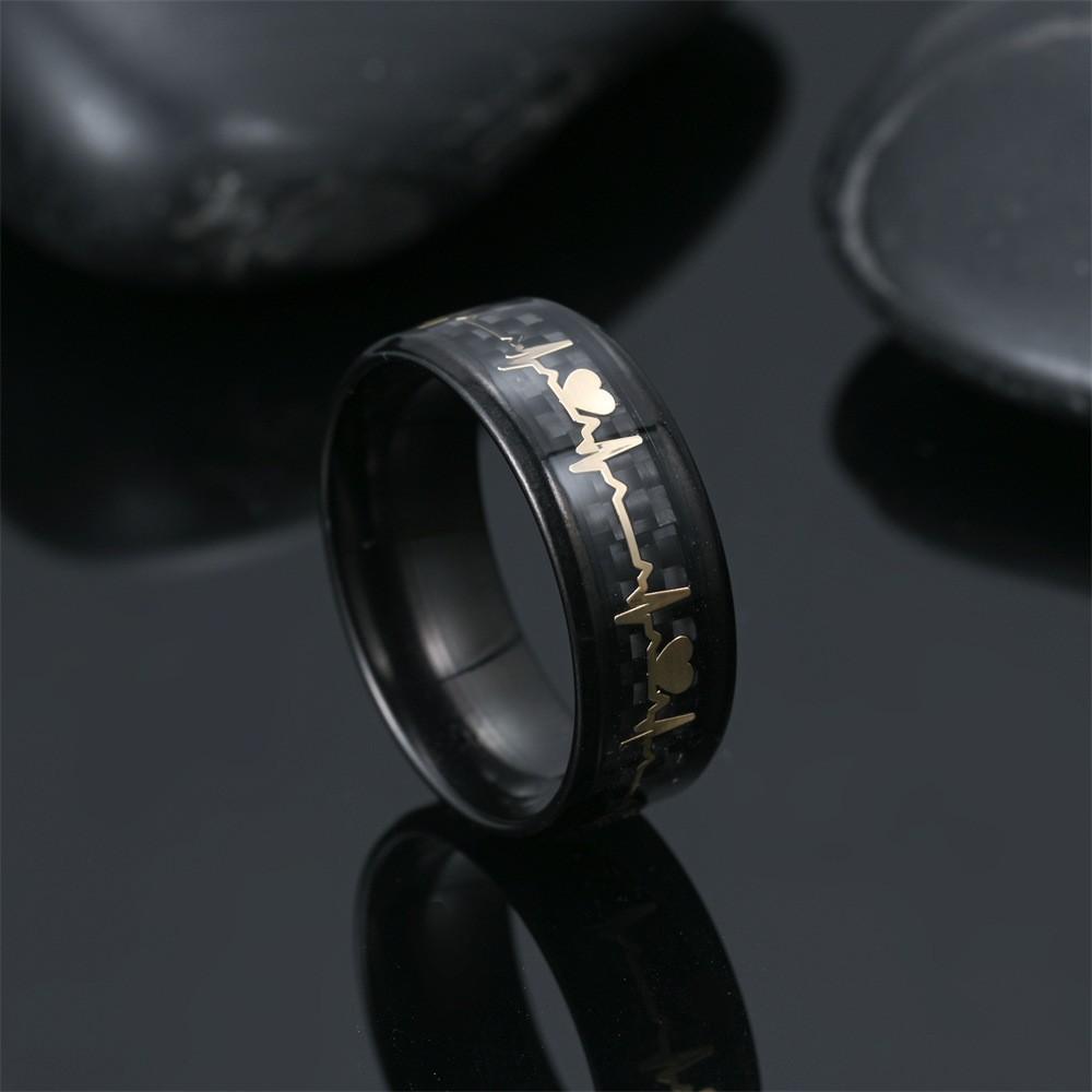

8MM Unique Engagement Heart Line Stainless Steel Rings Carbon Fiber Inlaid Personality Wedding Band Jewelry Party Wholesale 7 чёрный