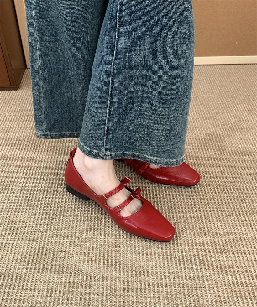 Spring 2025 New French Mary Jane Shoes Double Bow Square Head Shallow Mouth Temperament Flat Bottom with Skirt Single Shoes