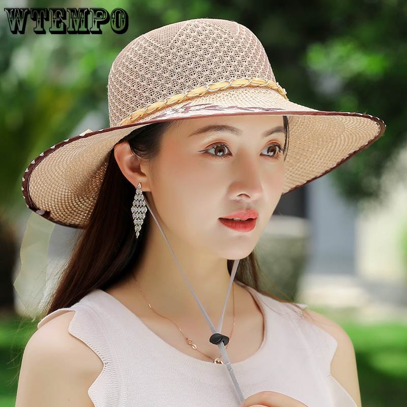Cappello da Sole da Donna in Paglia a Rete con Ampia Visiera Protezione UV Estivo Cappello da Spiaggia Pieghevole Leggero Cappello da Viaggio con Mentoniera