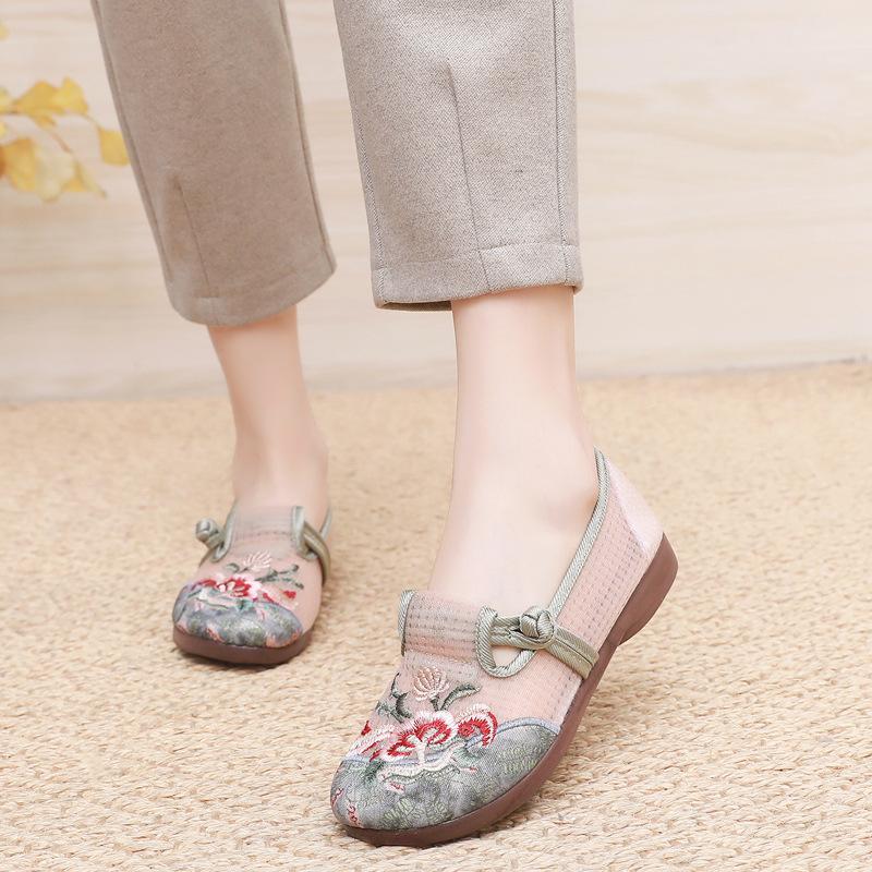 Old Beijing Cloth Shoes Women's Mesh Shoes Summer Mesh One-pedal Flat-soled Mother Shoes Mesh Yarn Breathable Ethnic Style Embroidered Shoes
