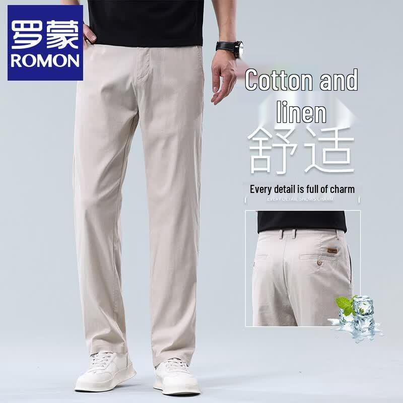 ROMON Men's Summer Ice Silk Linen Blend Straight-Leg Pants