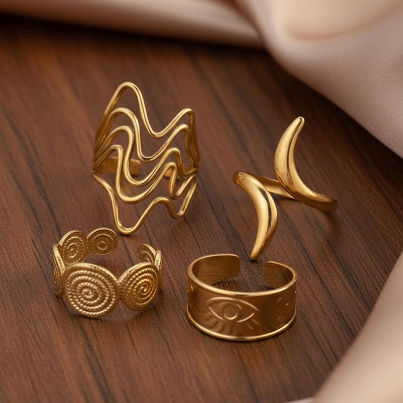 4Pcs Stainless Steel Geometric Ring Set for Women Exquisite Round Threaded Open Rings Vintage Hip-Hop Versatile Jewelry Gift New