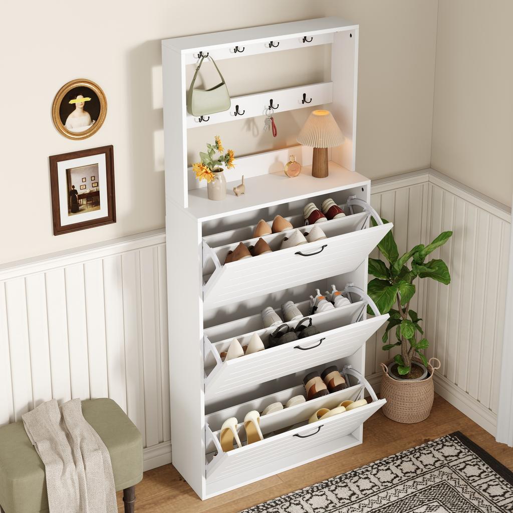 Shoe cabinet with 3 doors, shoe rack, shoe cabinet with hooks, storage for hats, bags, offers space for 15 pairs of shoes