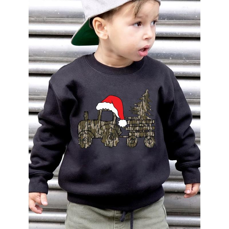 European Size Boys' Christmas Autumn/Winter Fashion -Lined Crew Neck Brushed Sweatshirt, Long Sleeves, and Cartoon Tractor Wearing a Santa Hat Print