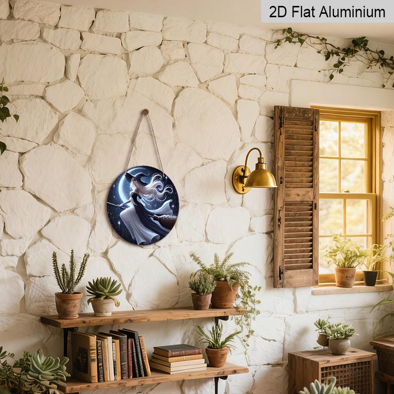 2D Flat 1pc, Printed Round Aluminum Metal Signage - Witch On a Broomstick, 8x8 In, Suitable for Door Decoration, Wall Decoration, Home, Room