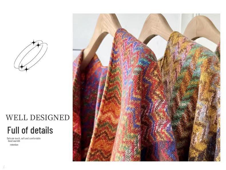 Ethnic Style Wave Pattern Long-Sleeve Knitted Shawl for Women - Warm for Autumn/Winter Travel