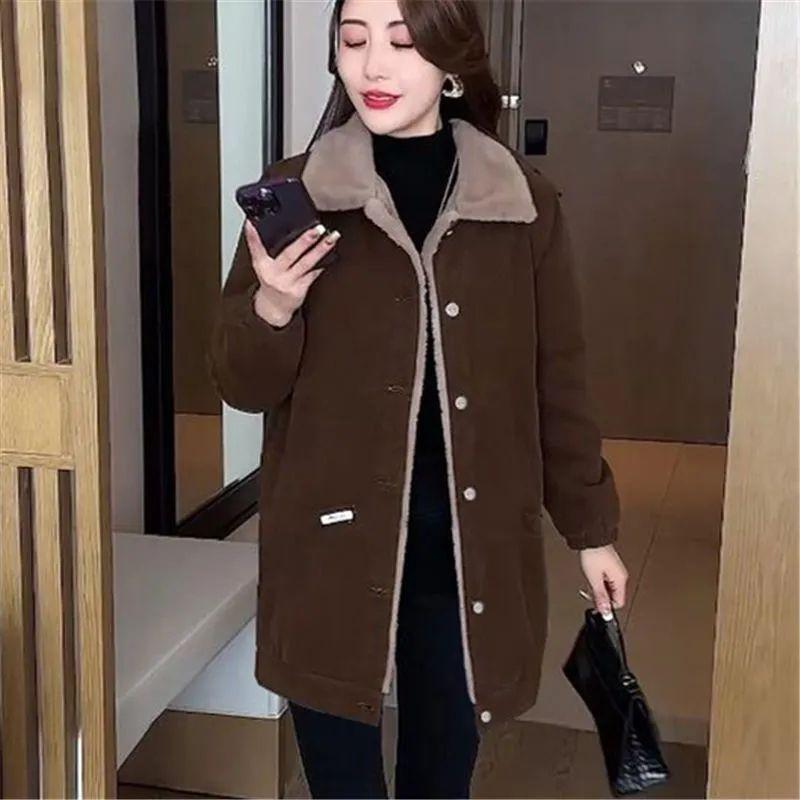 Fleece Lined Jacket Women's Winter Loose Coat Mid-Length Jacket for Mature Women