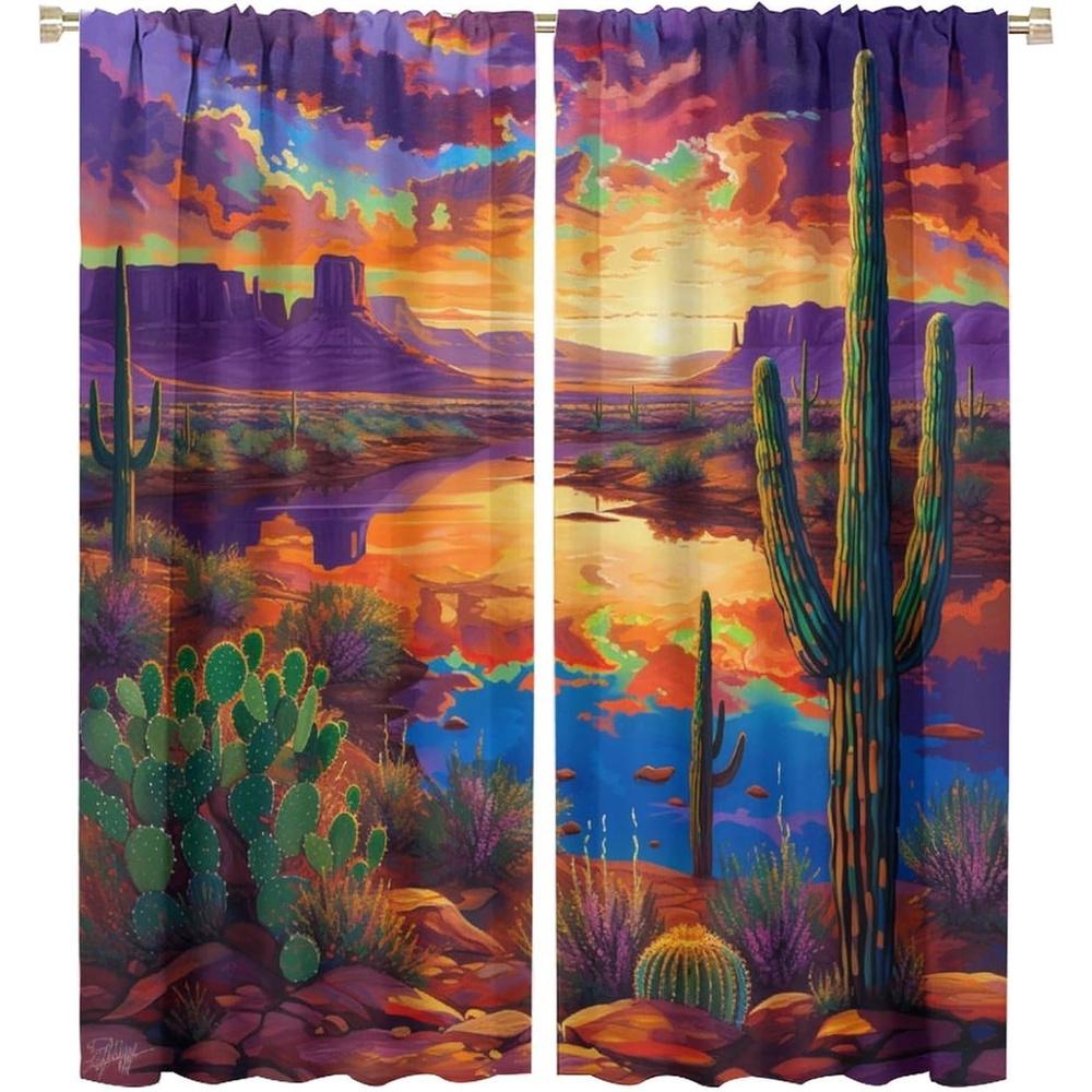 

2 Panels Southwestern Desert Landscape Blackout Curtains - Turquoise Blue & Purple Cactus Print Window Drapes, 100% Polyester Th 53x116cm 2pc21x46in&Without mount