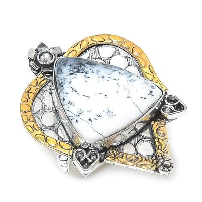 Natural Dendrite Opal Gemstone 925 Sterling Silver Two Tone Ring Size 8 Z6y14