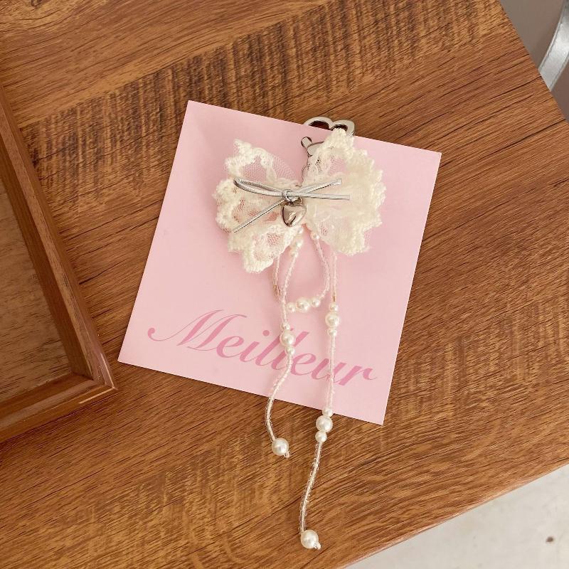 Ins Sweet Style Lace Bowknot Keychain Y2K Aesthetic Imitation Pearls Tassel Bow Keyring Exquisite  Bag Charms Key Pendant