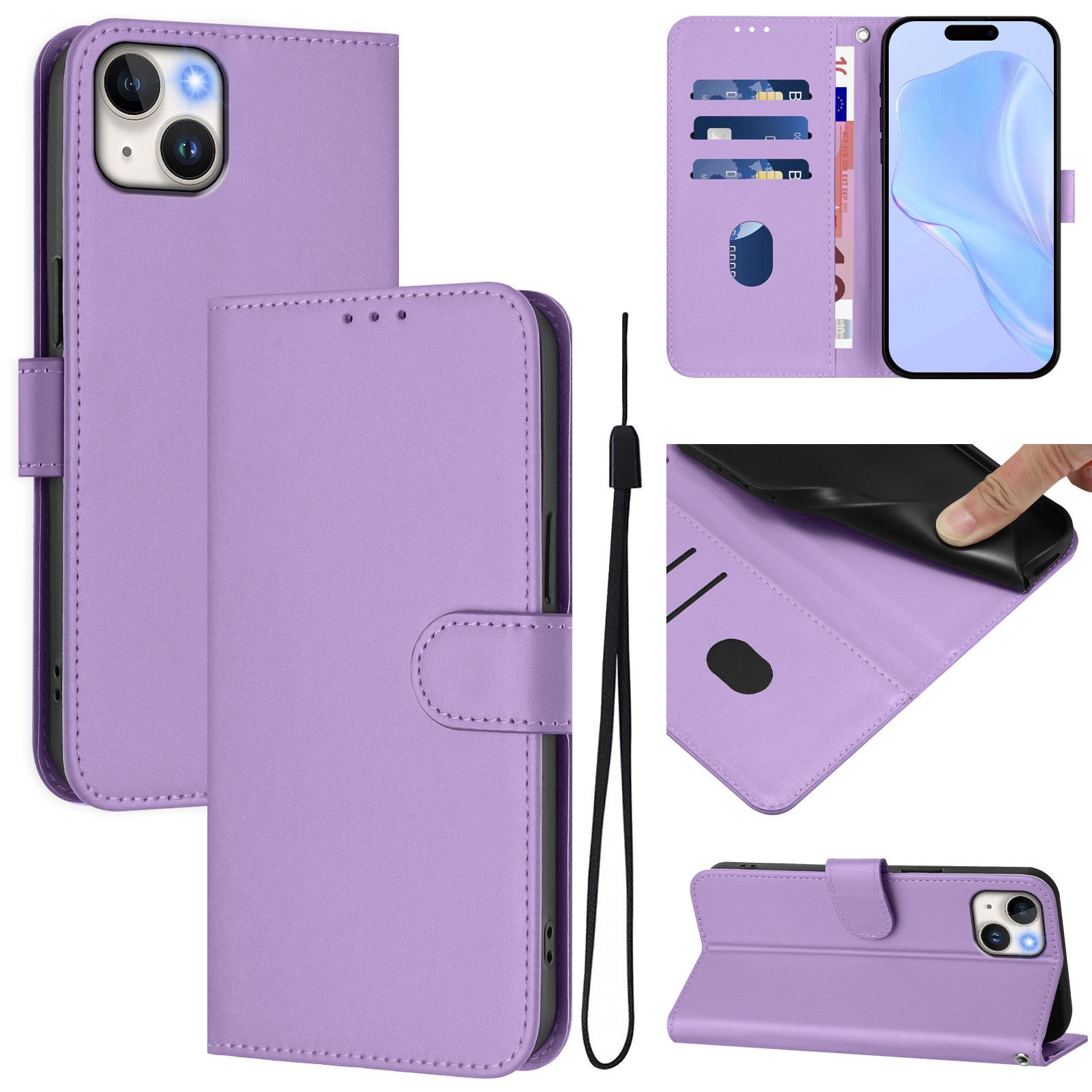 

For iPhone 15 Plus Case Solid Color Wallet Leather Phone Cover with Strap D
