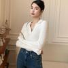 Ladies Autumn Winter Long Sleeve Polo Collar Casual Basic Solid Color Pullover Knitted T Shirt Top for Layering