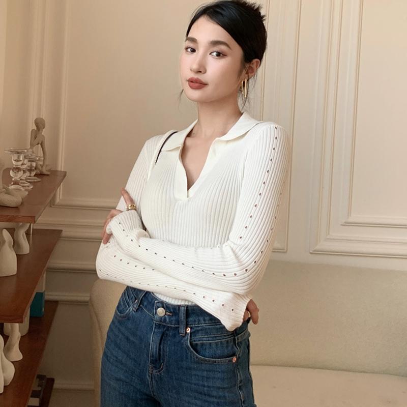 Ladies Autumn Winter Long Sleeve Polo Collar Casual Basic Solid Color Pullover Knitted T Shirt Top for Layering