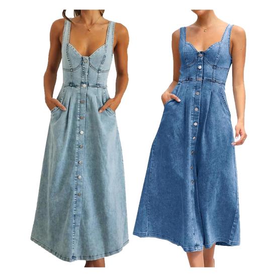 Denim Dress for Women Summer Casual Sleeveless Midi Dress with Pockets Button Down A-Line