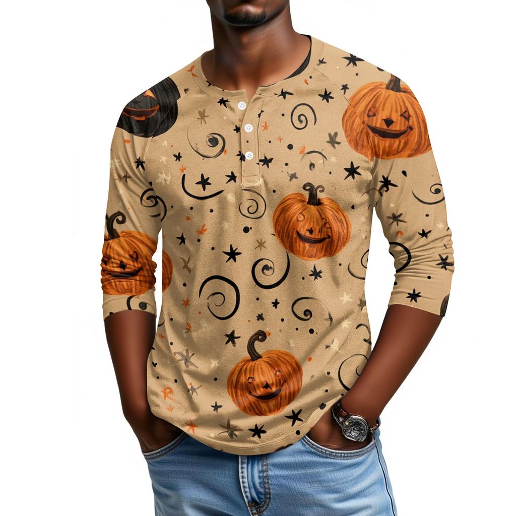 Men Casual Halloween Print Henley Shirt Raglan Sleeve Three Quarter Length Button Front Top
