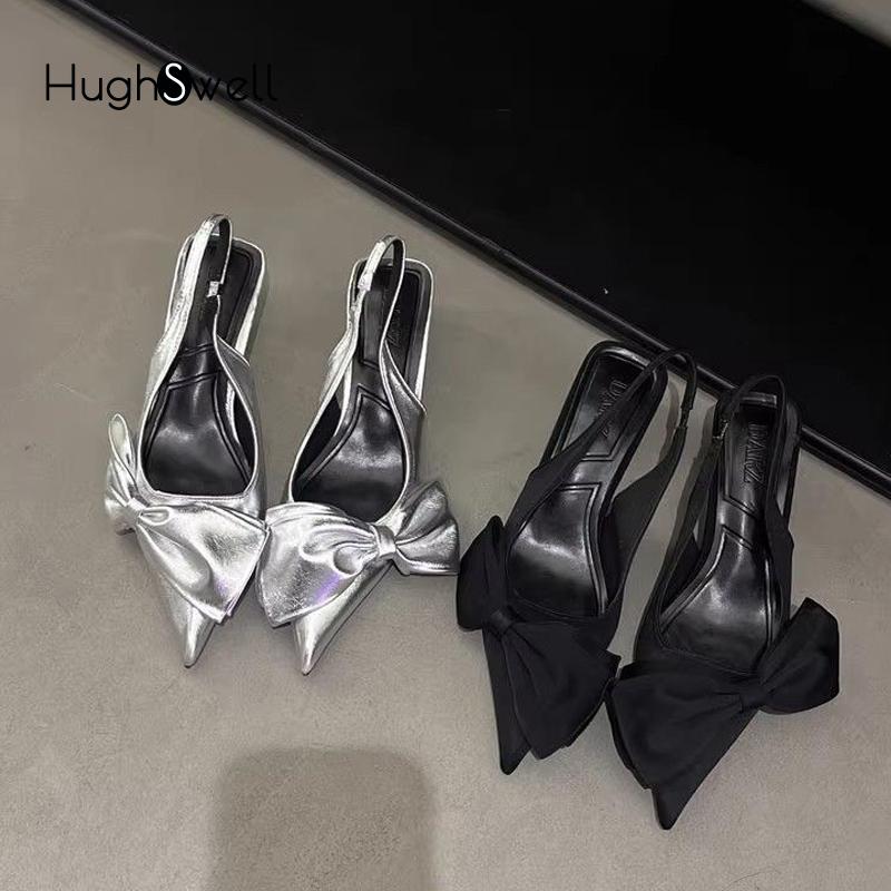 Fashion Elegant Silver Side Bowknot Slingback Sandals Woman Chic Point Toe Kitten Heel Stiletto Pumps Ladies Eveing Party Dress Shoes