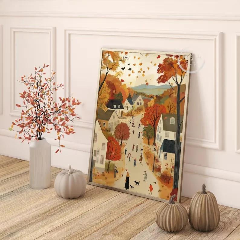 Comfortable Autumn Landscape Canvas Print Cute Autumn Warm Tones Wall Art Poster Modern Living Room Bedroom Autumn Home Decor