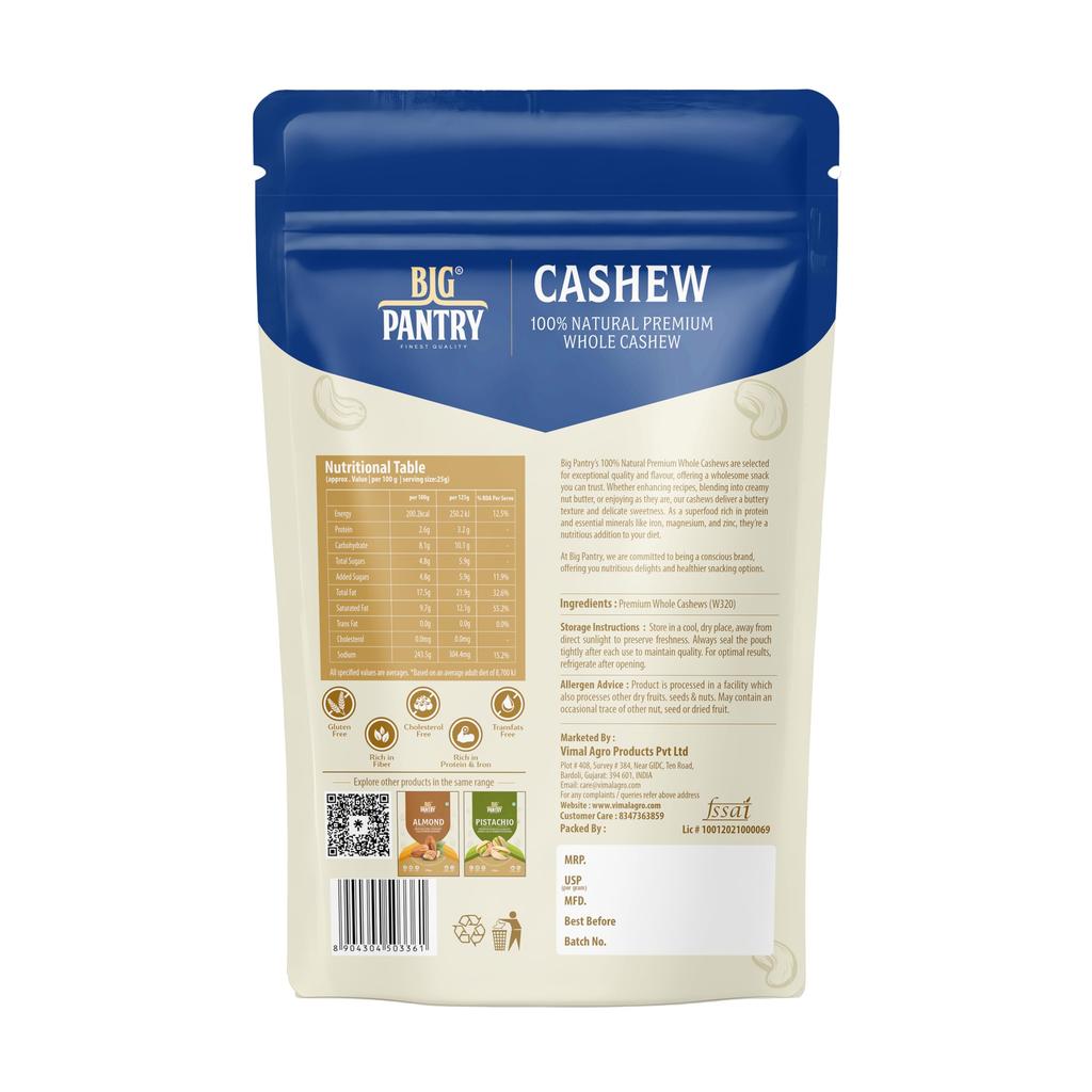 Big Pantry Rohe Premium Cashewkerne 200g | Proteinreicher Ganzer Kaju-Nuss Snack | Nährstoffreicher Glutenfreier & Pflanzlicher Protein-Snack | 100% Roh & Natürlich