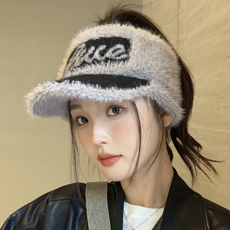 

Earflaps Knitted Ponytail Hat Women Fashion Letter Fleece Visors Caps Warm Hat for Winter Fall Sporty Street one size