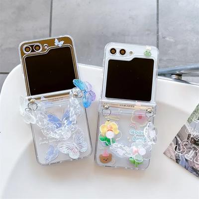 Coque de téléphone 3D motif papillon et fleur avec dragonne pour Samsung Galaxy Z Flip 6, 5, 4, 3, 5G, protection à charnière, coque rigide transparente