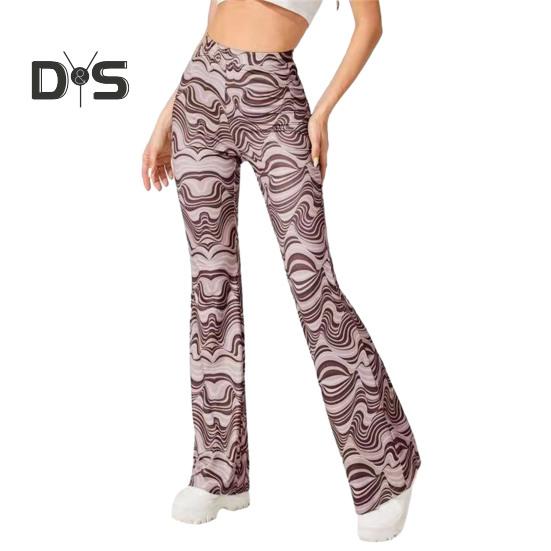 Women Yoga Pants High Waist Water Wave Striped Print Casual Trousers Running Cycling Flared Leggings Loungewear