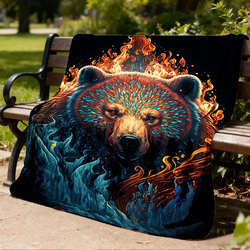 1pc Fire Bear Print Print Outdoor Blanket, Lightweight Polyester,