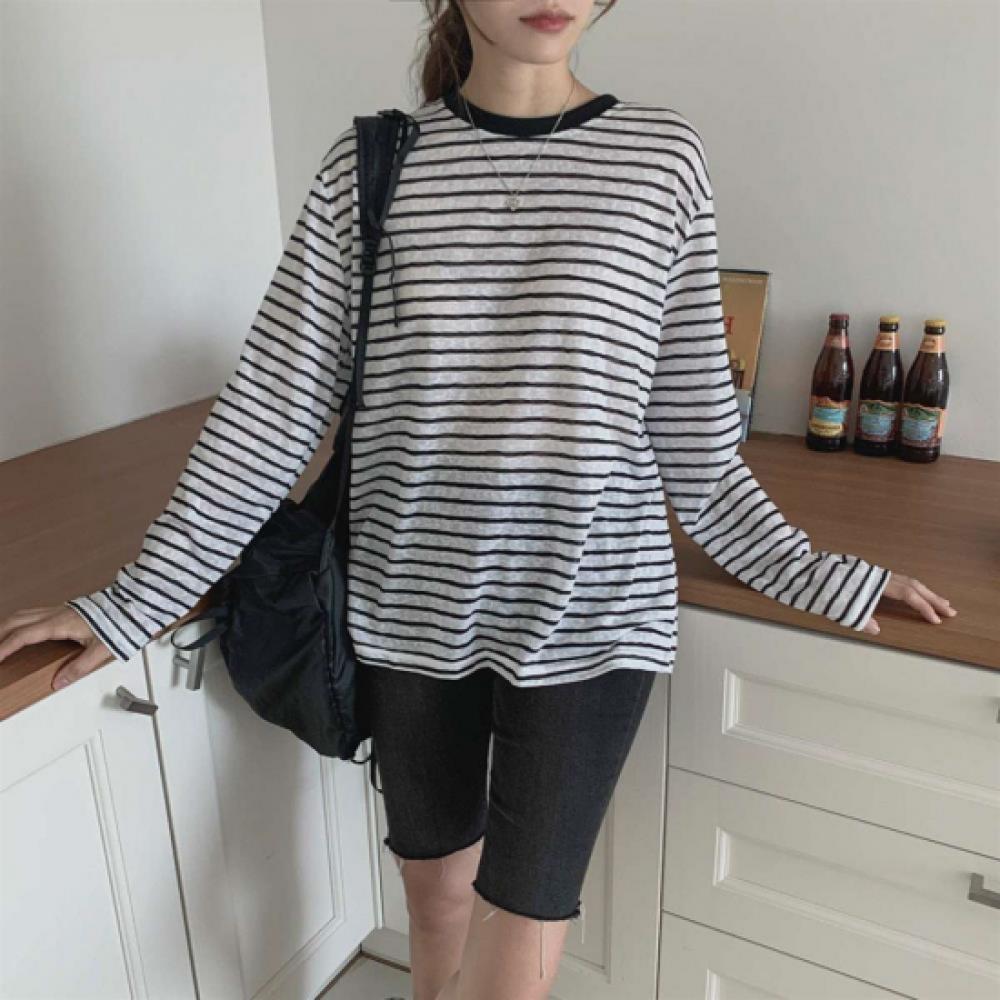 New Arrivals Open Run Women Loose FiT STripe Sheer T shirT