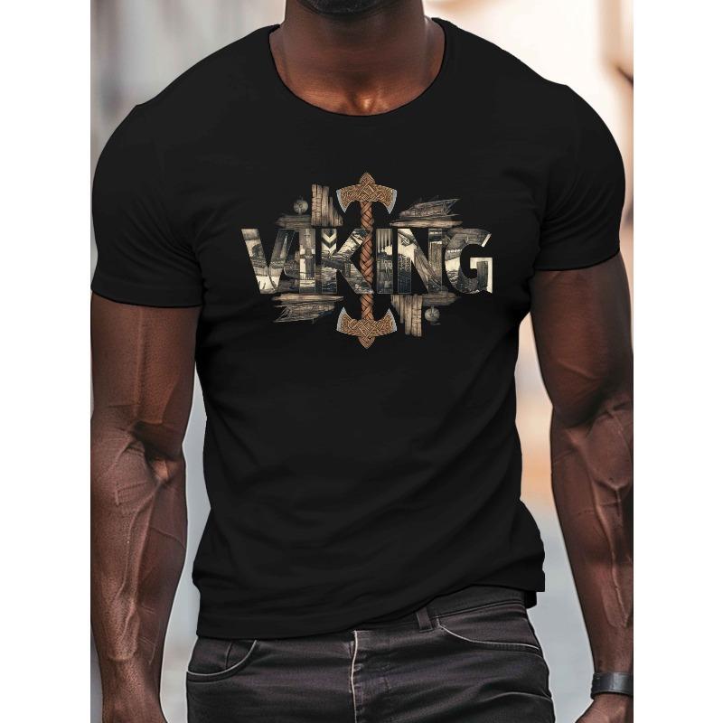 NORSE VIKING Illustration Print, Men's Round Crew Neck Short Sleeve Tee, Casual T-ShirtCasual Comfy Lightweight Top for Summer