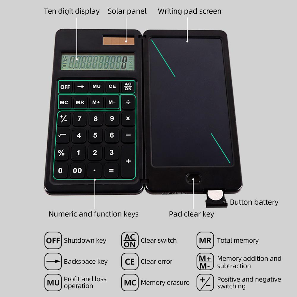 Scientific Calculator with 6 Inch Writing Board and Pen Dual Power Solar and Battery Operated Foldable Functions