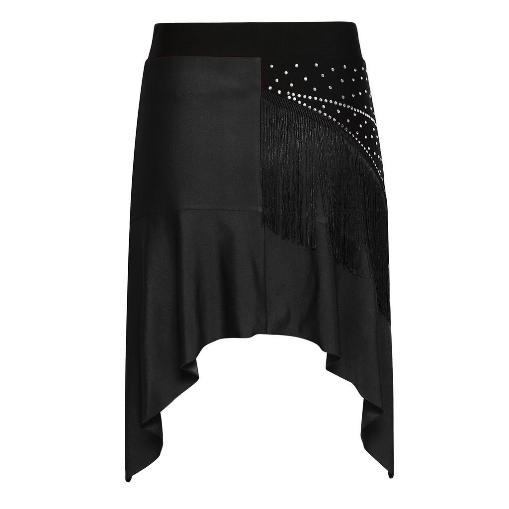 Women‘s Latin Dance Set V Neck Sleeveless Fringe Top Crisscross Back with Irregular Hem Color Block Skirt for Cha Cha Tango Stage Show