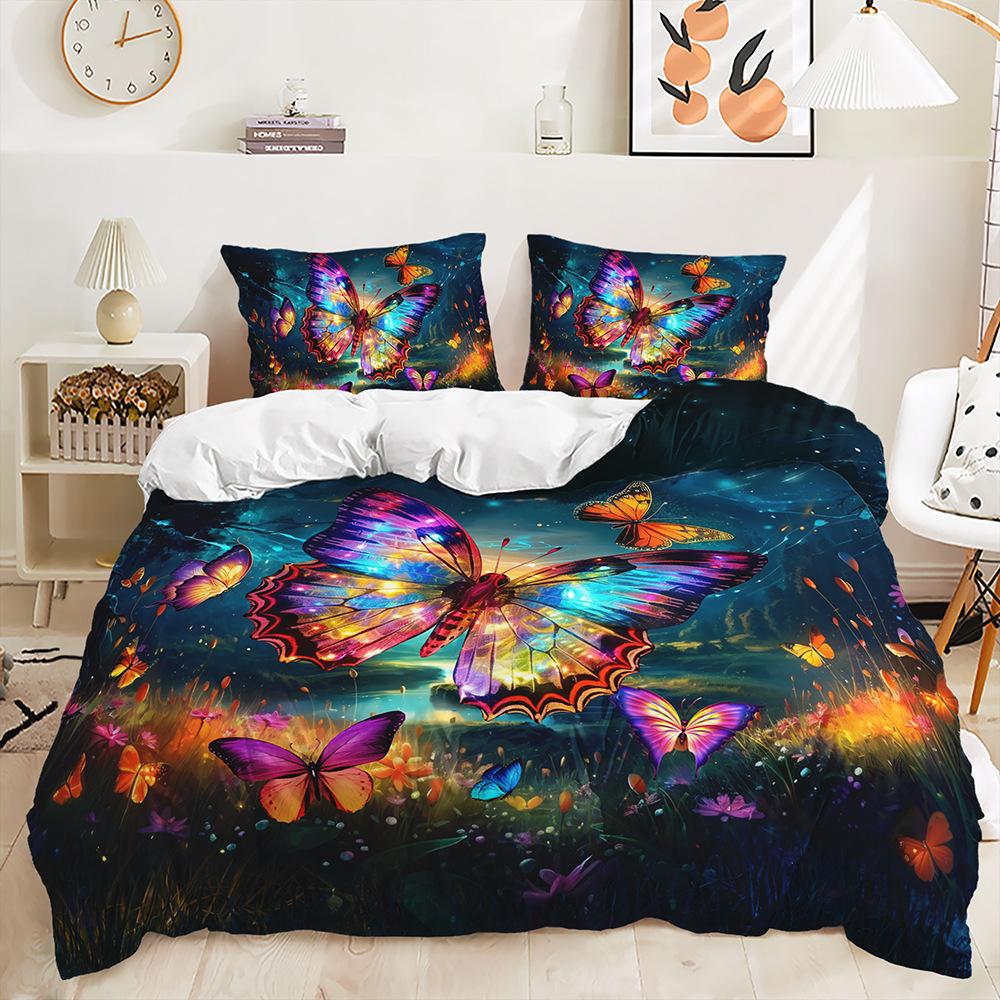 Butterfly Mushroom Flower Digital Printing Duvet Set Three-Piece Bedding Set