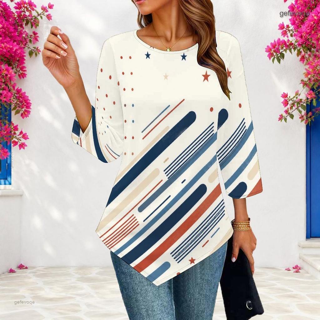 Womens Plus Size Casual Three Quarter Sleeve Blouse Pointed Hem Soft Breathable Daily Ladies Outfit Top