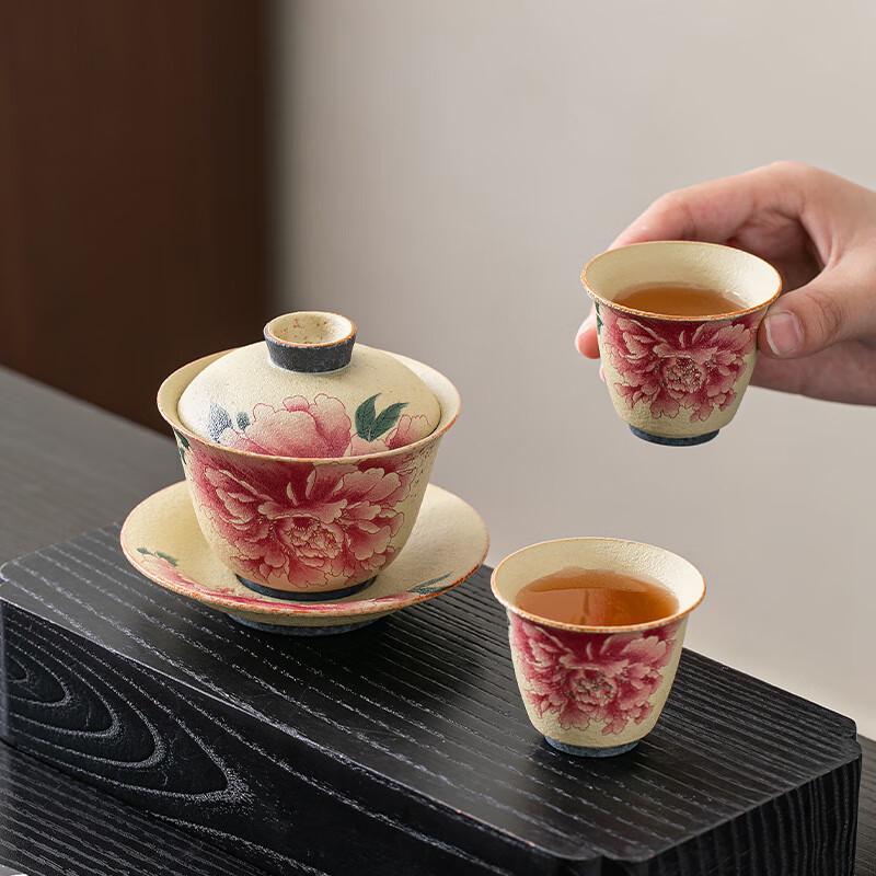 Shangqi Vintage Feuerstein Rot Pfingstrose Sancai Gaiwan
