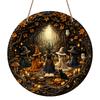 2D Flat, 1pc Round Aluminum Hanging Sign, Five Witches Gathering Dark Autumn Forest Owl Black Cat Pumpkin Print, Vintage Witchy Halloween Fall Front