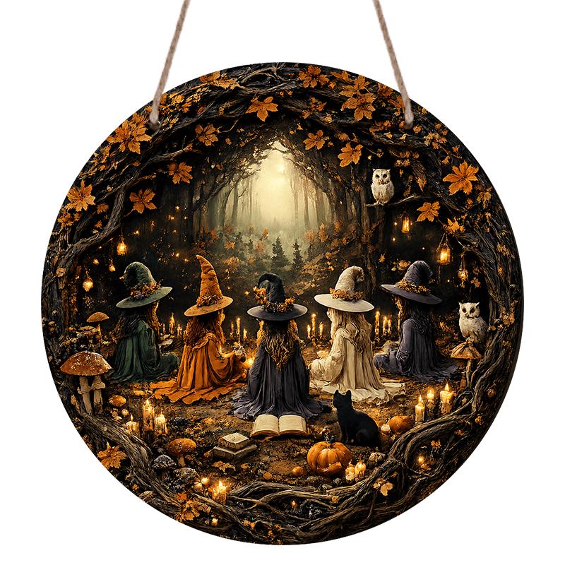 2D Flat, 1pc Round Aluminum Hanging Sign, Five Witches Gathering Dark Autumn Forest Owl Black Cat Pumpkin Print, Vintage Witchy Halloween Fall Front