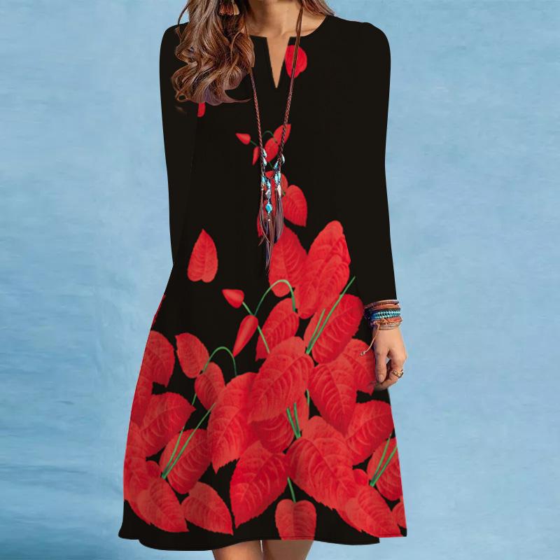 Women's Spring/summer Print Long-sleeved Dress V-neck Loose Swing Long-sleeved Mid-length Dress