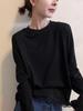 Korean Style Women's Black Round Neck Long Sleeve T-shirt - Simple Casual Base Layer for Spring/Autumn 2025