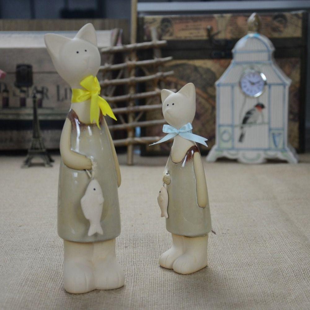2pcs Modern Cat Figurines Ceramic Miniatures Sculpture Creative Animal Art Statues  Prop