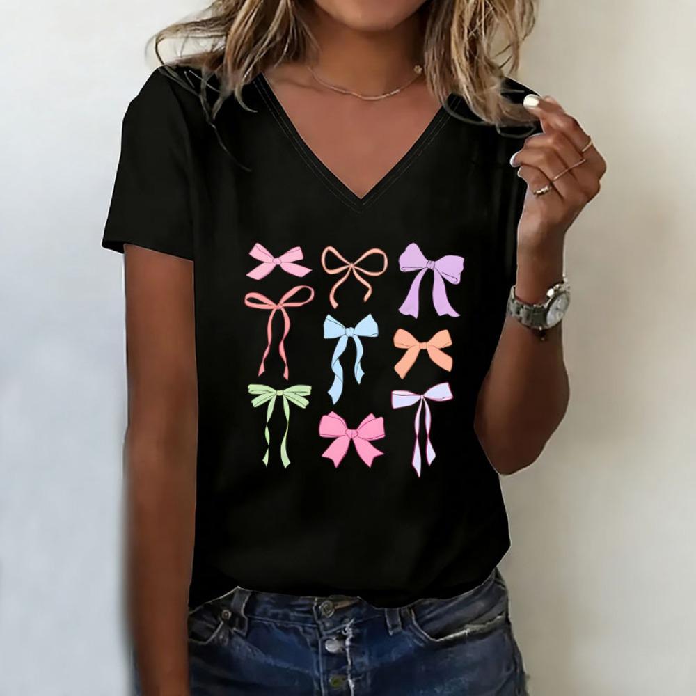 T-shirt V Neck Casual Fashion Y2k Colorful Bow Printed T Shirts Women Short Sleeve Tee Shirt V-Neck Summer Spring S