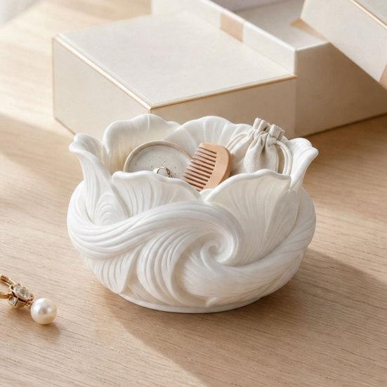 3D Printed Flower Petal Storage Box, Matte White Jewelry & Makeup Organizer, Large Capacity Wide-Mouth Holder for Makeup Brushes Keys Stationery,