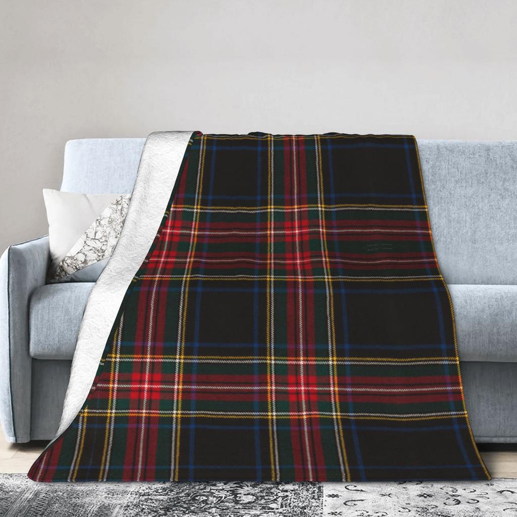 Plaid Stewart Black Tartan Blanket Flannel Decoration Portable Lightweight Thin Throw Blanket for Bed Bedroom Rug Piece