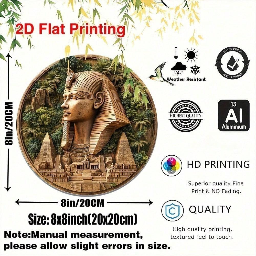 Vintage Egyptian Pharaoh Aluminum Wall Art, 8x8 Inch Round Metal Sign for Home Living Room Kitchen Decor