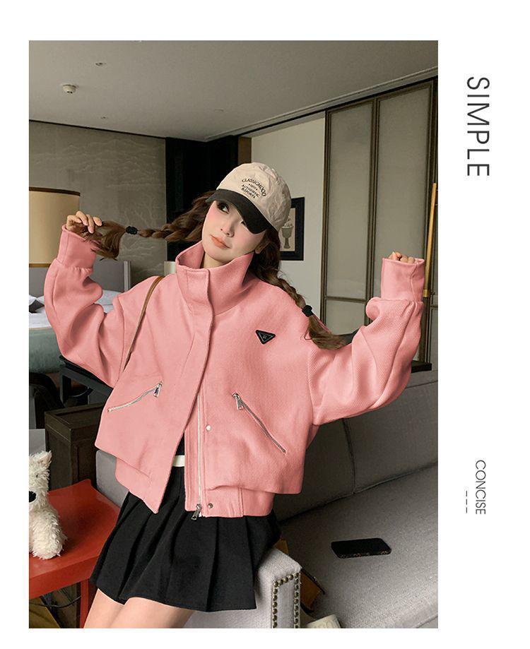 Plus Size Women's College Style Stand-Up Collar Autumn Jacket - Loose Fit, Niche Design