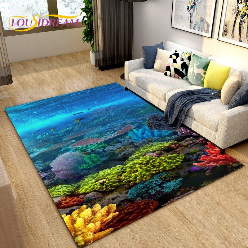 3D Underwater World Sea Turtle Dolphin Area Rug Large,Carpet Rug for Living Room Bedroom Sofa Doormat Kitchen,Non-slip Floor Mat