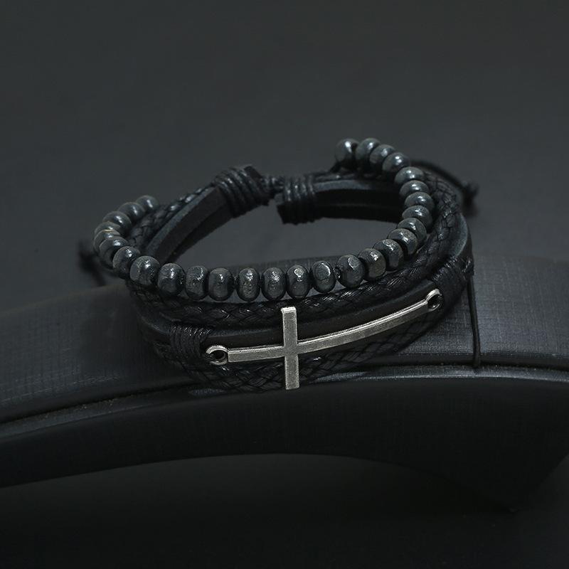 Retro Cross Layer Bracelet For Men Punk Black Hand Woven Cowhide Leather Adjustable Bead Bracelet Accessories Christian