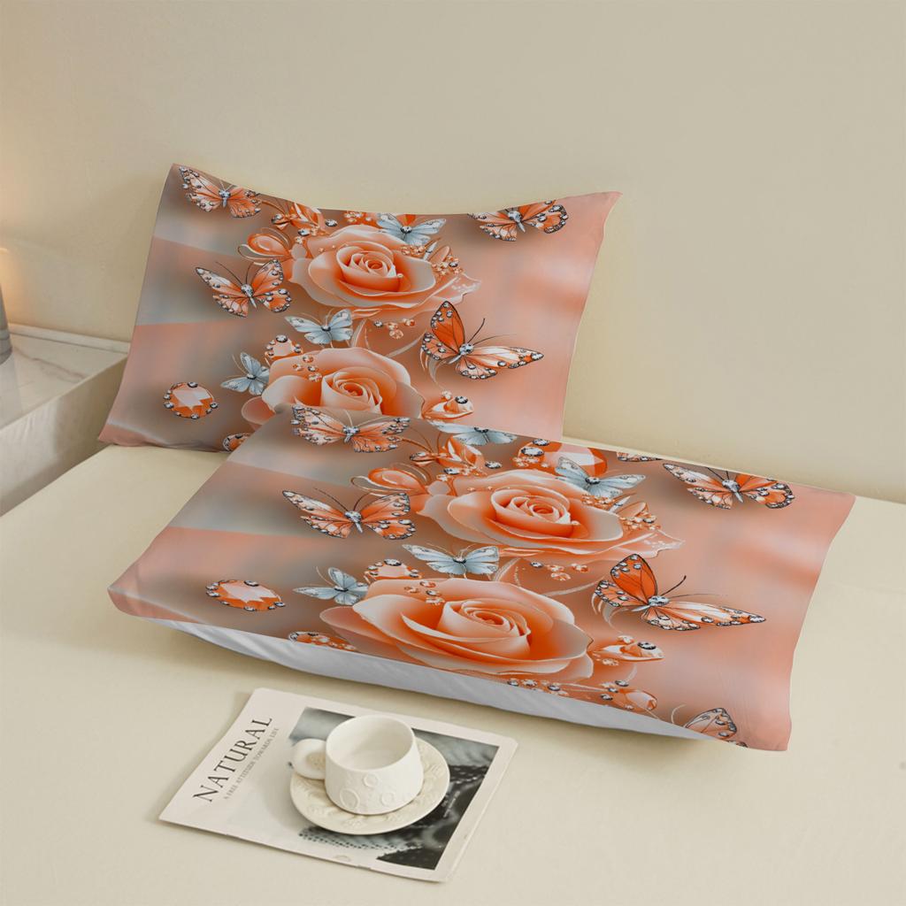 Rose And Butterfly Printed Fitted Sheet Set Peach Color Floral Design With Pillowcases For Bedroom Decor