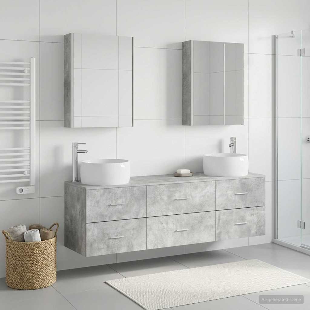 5 Piece Bathroom Furniture Set Concrete Grey Engineered Wood and Glass