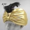 Gold Satin Carnival Headpiece Unisex Arab India Turban Hat, Golden Sultan Hat with Gem And Versatile Role Play Headgear Feather, Novelty Easter