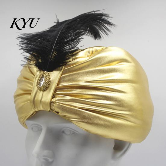 Gold Satin Carnival Headpiece Unisex Arab India Turban Hat, Golden Sultan Hat with Gem And Versatile Role Play Headgear Feather, Novelty Easter